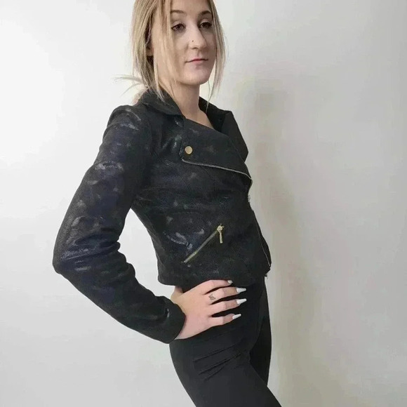 Rock & Republic Metallic Snake Skin Vegan Leather Moto Jacket - S - Picture 9 of 11